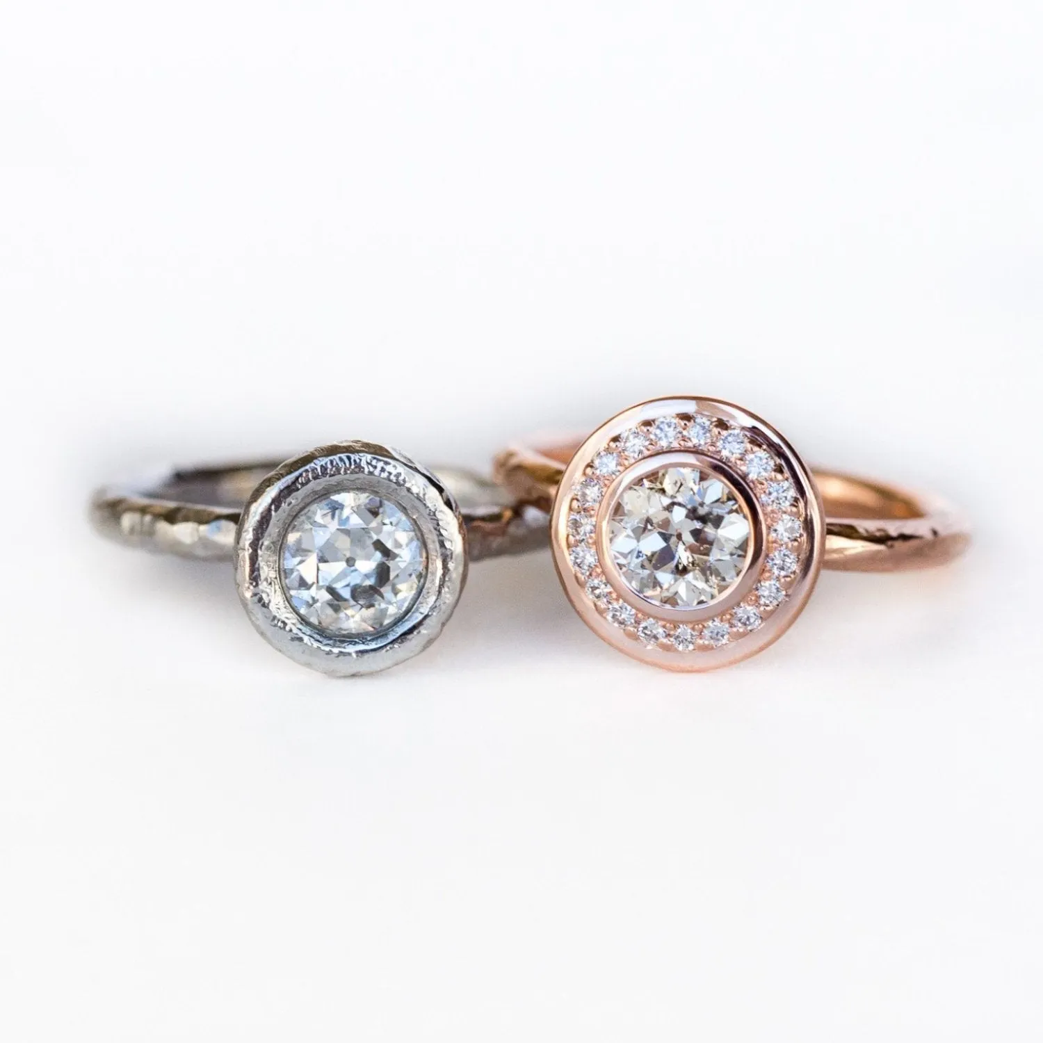 0.89ct Light Grey Old European Cut Diamond in Rose Gold Bezel Set Halo