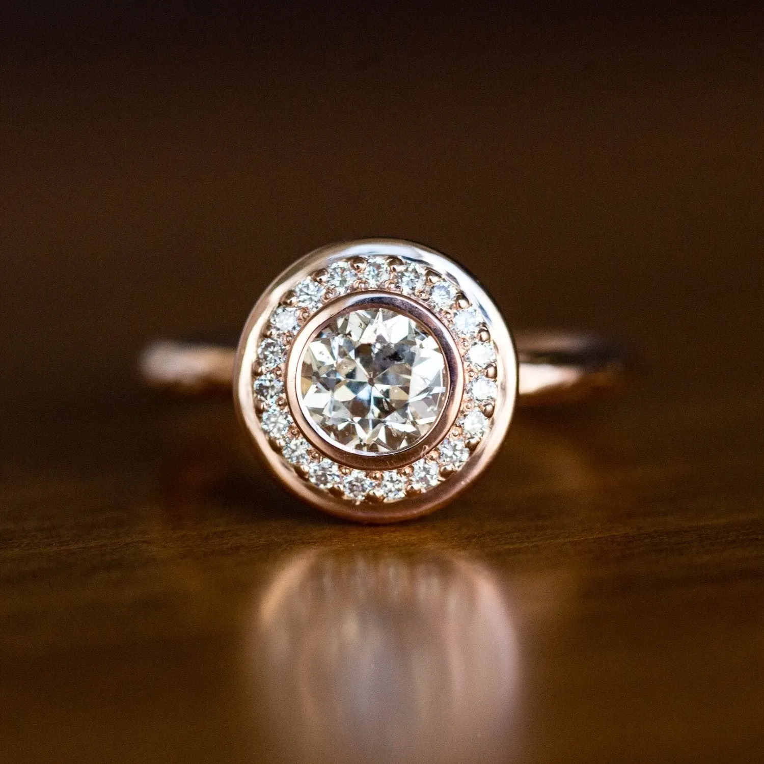 0.89ct Light Grey Old European Cut Diamond in Rose Gold Bezel Set Halo