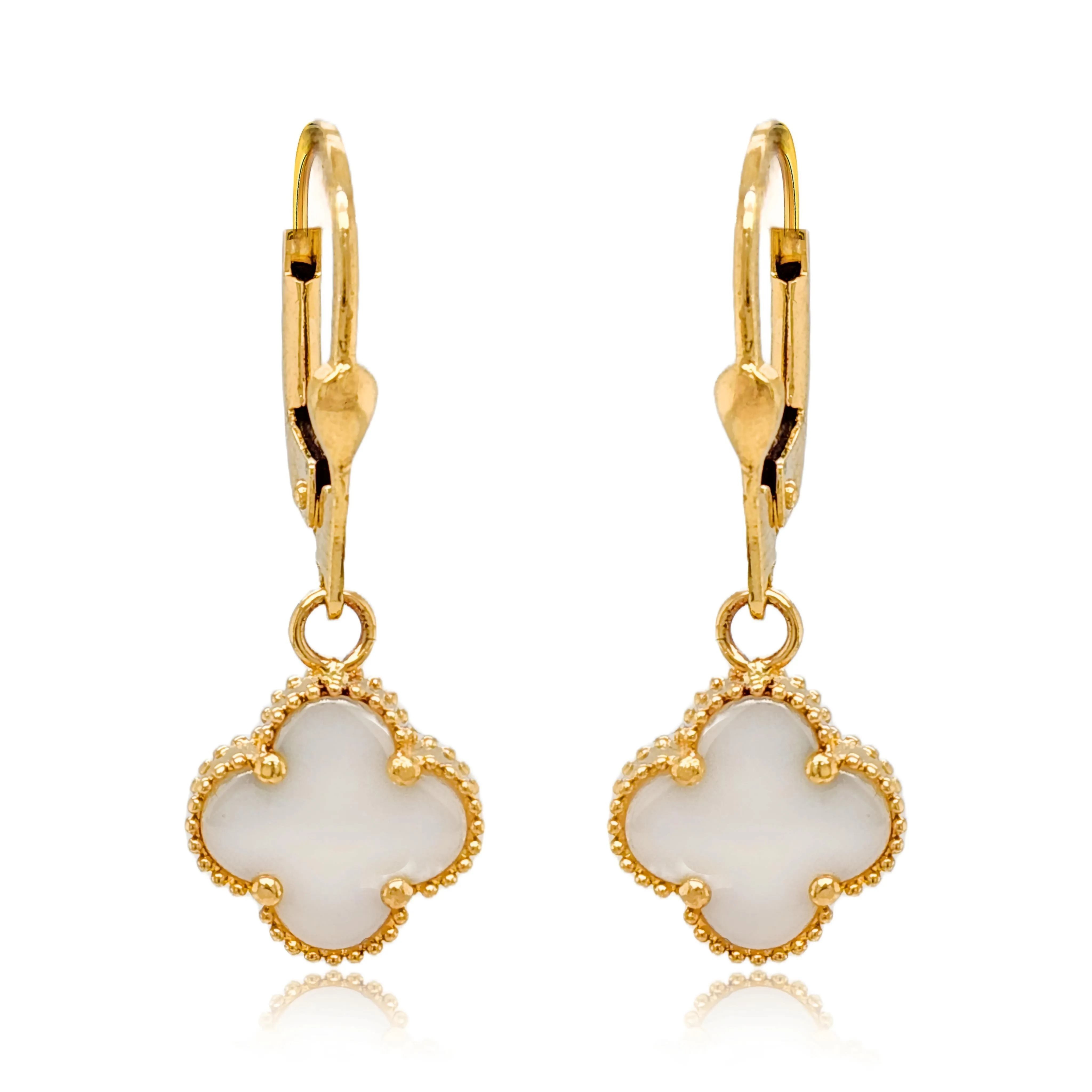 14K Gold Mother of Pearl Clover on Leverback Earring