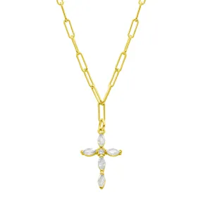 14K Gold Plated Paperclip Cubic Zirconia Cross Necklace