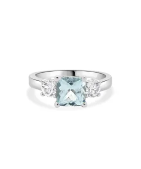 14K White Gold Aquamarine and Diamond Three Stone Ring