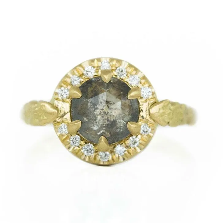 1.60ct Moody Rosecut Diamond Evergreen Six Prong Halo Ring in 18k Yellow Gold