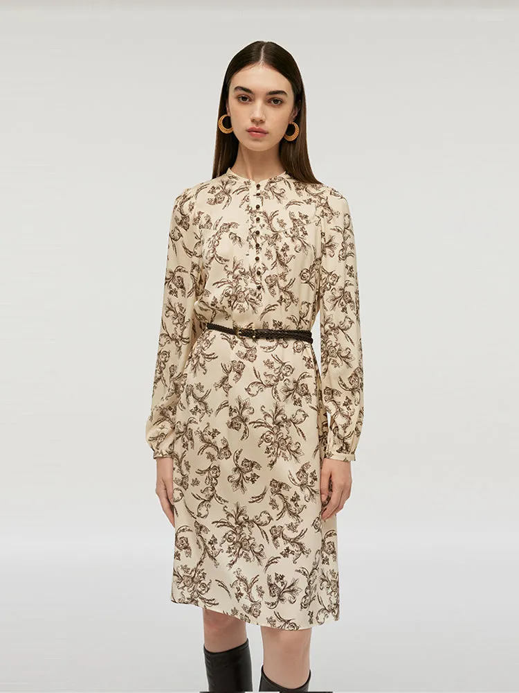 19 Momme Mulberry Silk Round Neck Printed Women Midi Dress With Belt