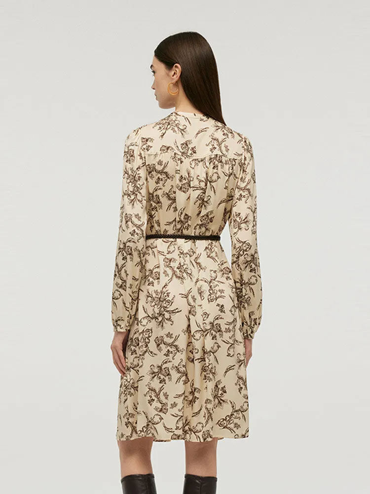 19 Momme Mulberry Silk Round Neck Printed Women Midi Dress With Belt