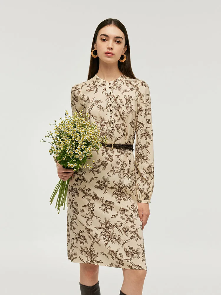 19 Momme Mulberry Silk Round Neck Printed Women Midi Dress With Belt