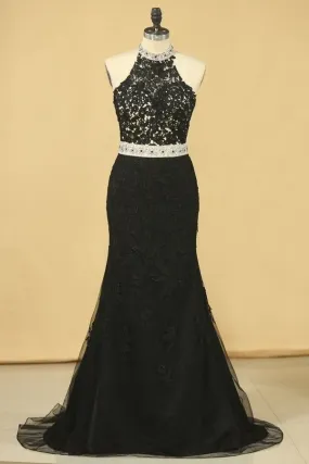 2024 Black Plus Size Prom Dresses Mermaid High Neck Open Back Tulle With Applique & PT9X5LZC