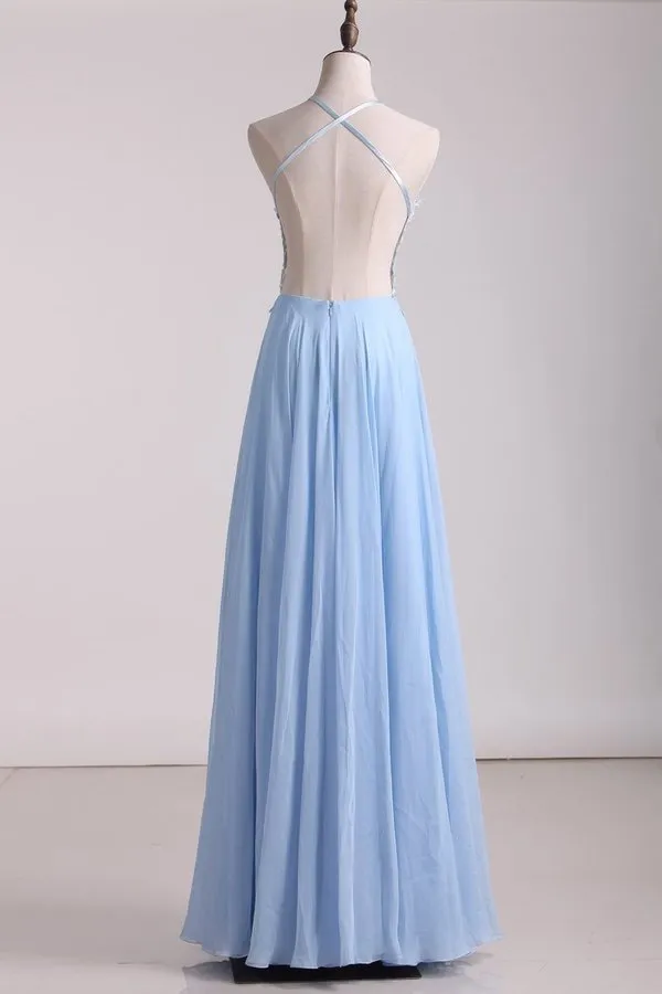 2024 Open Back A Line Prom Dresses Chiffon With Applique And PJ677LM7