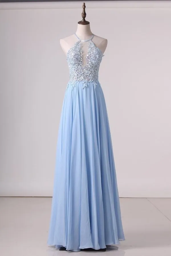 2024 Open Back A Line Prom Dresses Chiffon With Applique And PJ677LM7