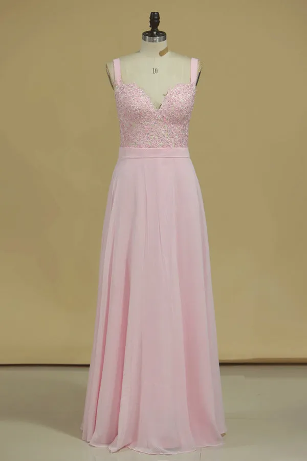 2024 Straps Chiffon With Applique A Line Prom Dresses PNKNPN1P