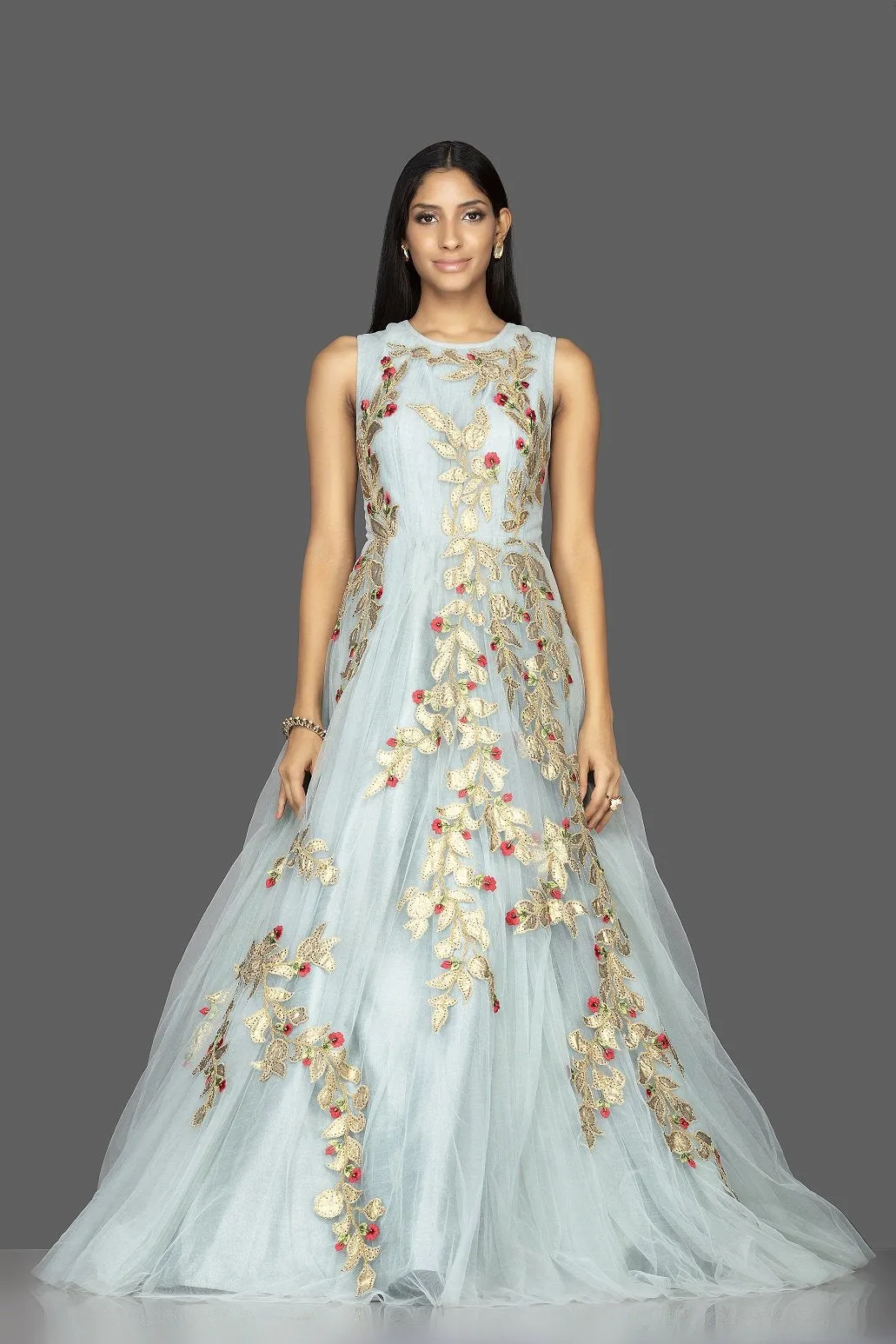 502511 Powder Blue Designer Gown with Golden Applique Work