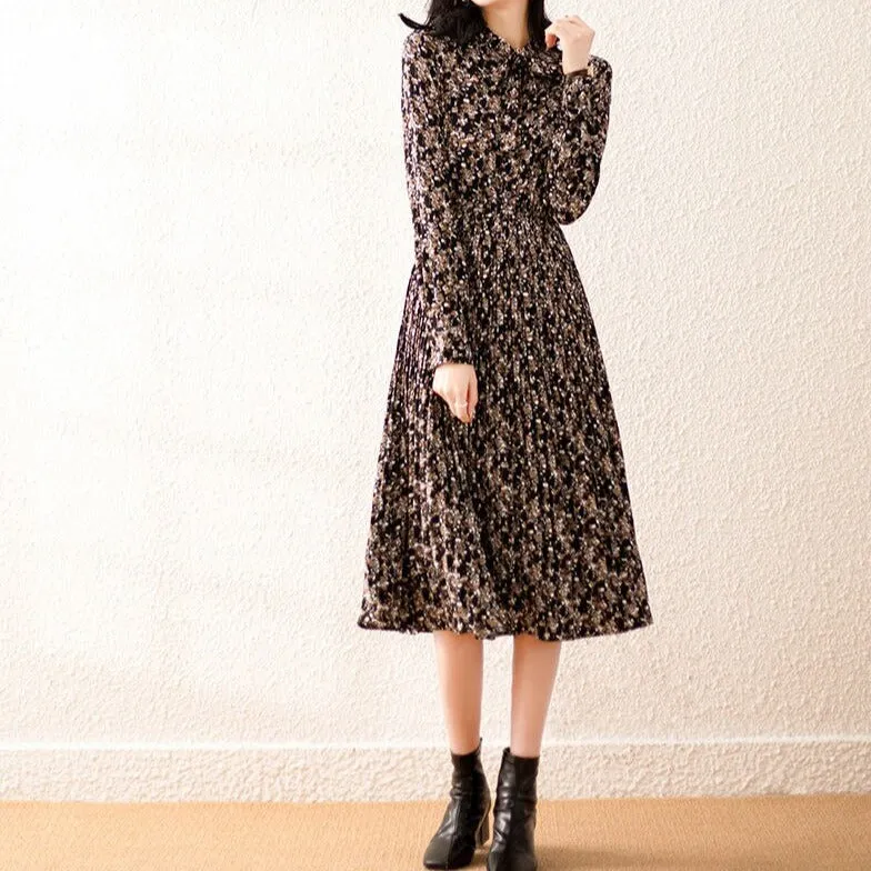 A-Line Floral Dress With Collar Bow