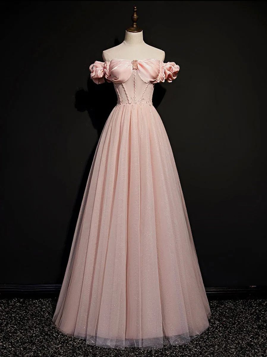 A line Pink Long Prom Dresses, Pink Tulle Formal Graduation Dresses With Beading