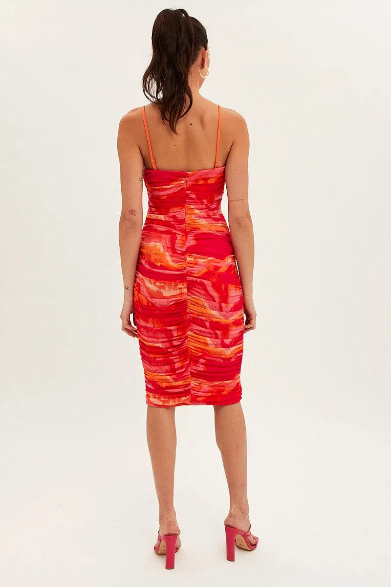 Abstract Print Midi Dress Corset Strapless Bandeau Mesh