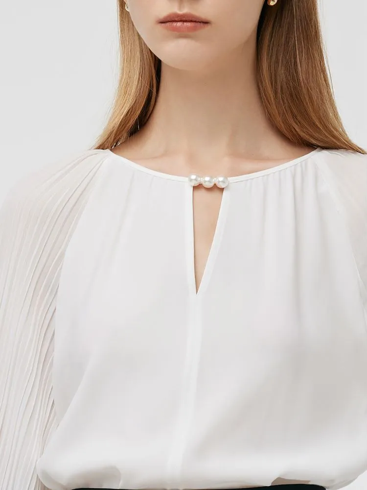 Acetate Pleated Sleeves Cut-Out Neck Women Blouse