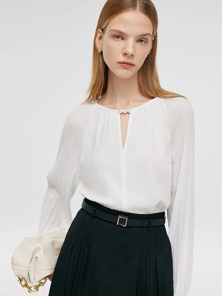 Acetate Pleated Sleeves Cut-Out Neck Women Blouse