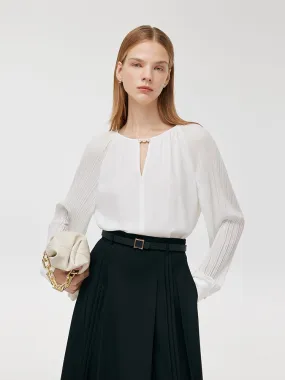 Acetate Pleated Sleeves Cut-Out Neck Women Blouse