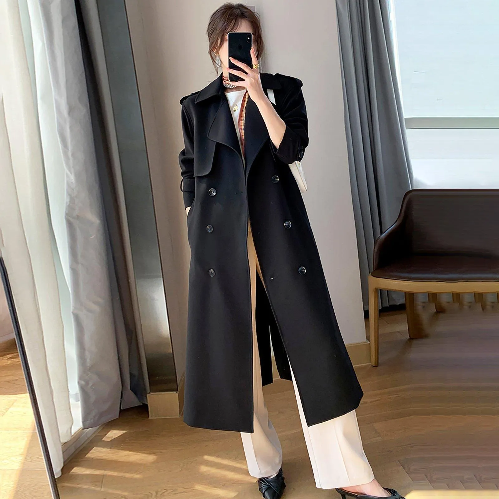 Ailsa Black Double Breasted Epaulet Trench Coat