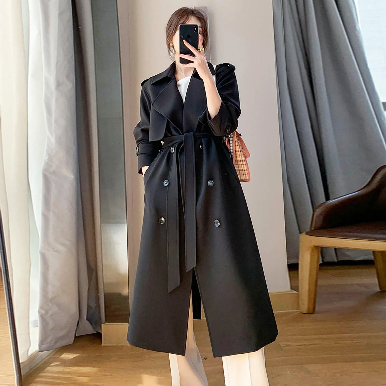 Ailsa Black Double Breasted Epaulet Trench Coat