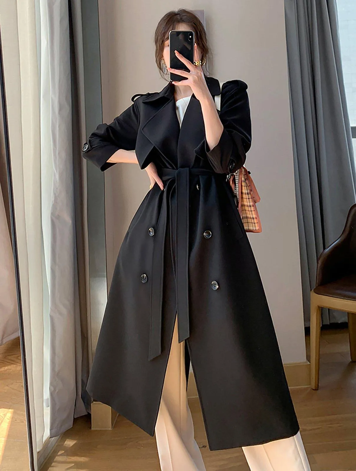 Ailsa Black Double Breasted Epaulet Trench Coat