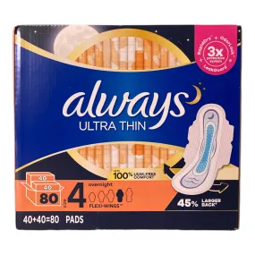 Always Ultra Thin Overnight Pads Flexi-Wings, Size 4, 80 Ct