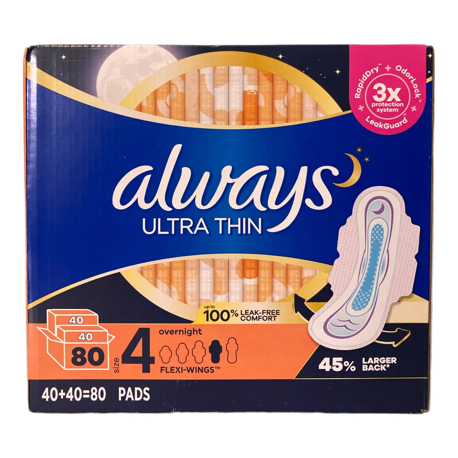 Always Ultra Thin Overnight Pads Flexi-Wings, Size 4, 80 Ct