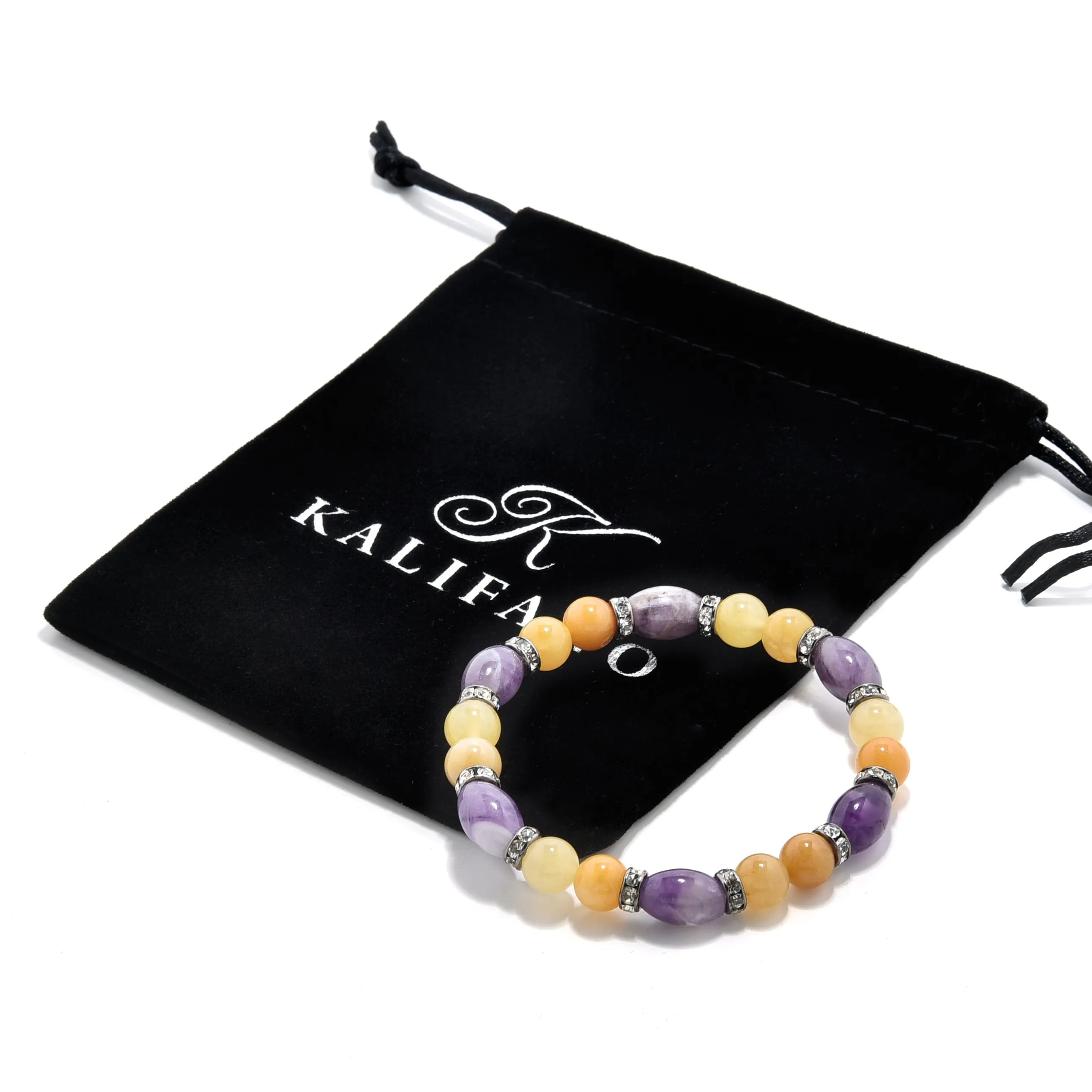 Amethyst and Yellow Jade with Crystal Accent 8mm Beads Gemstone Elastic Bracelet