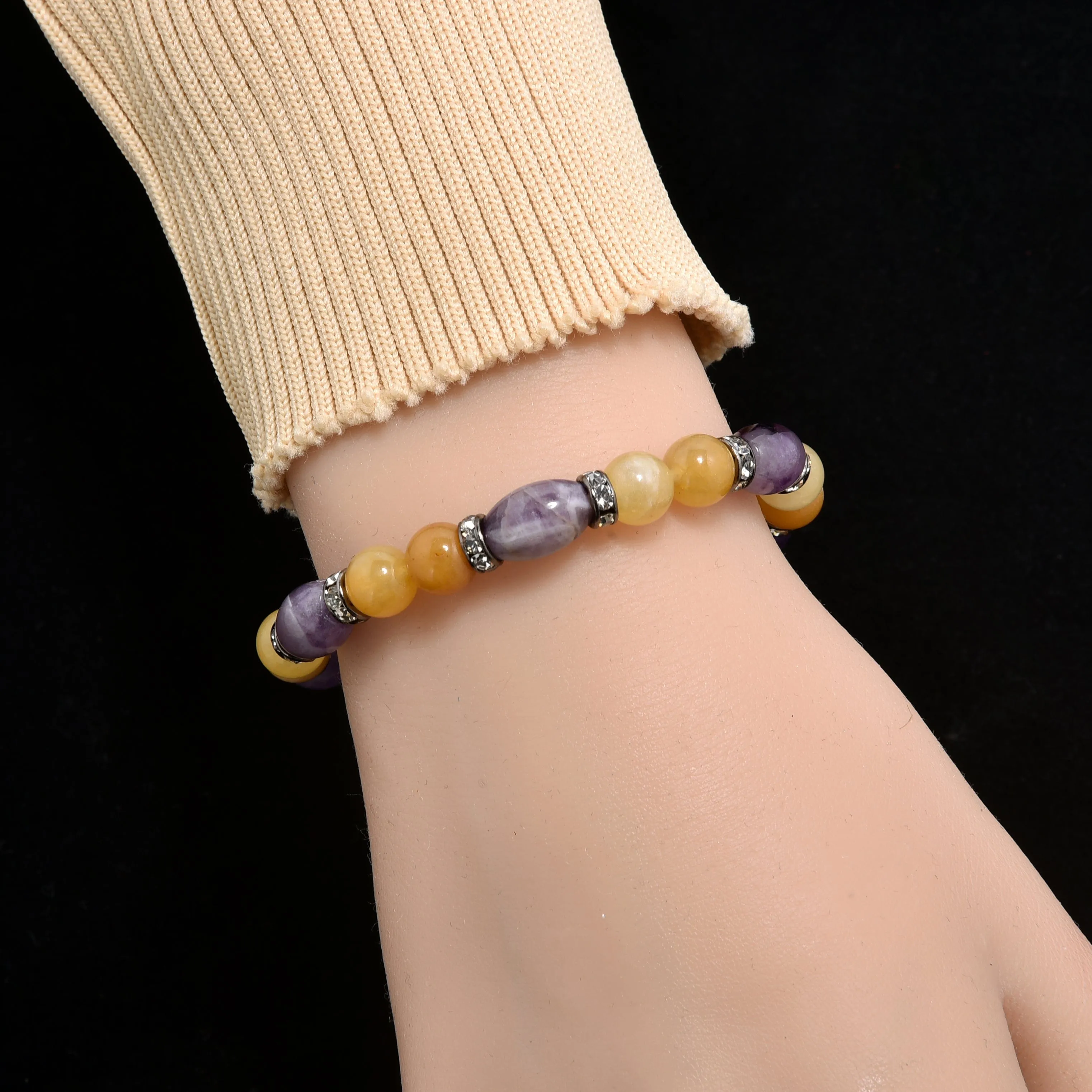 Amethyst and Yellow Jade with Crystal Accent 8mm Beads Gemstone Elastic Bracelet