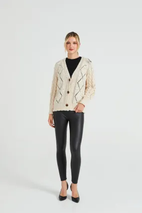 Angeleye Cable Knit V Neck Cardigan With Pom-pom