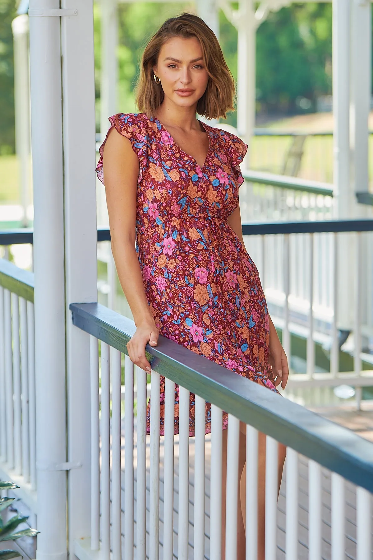 Angelina Maroon Floral Print Drawstring Dress