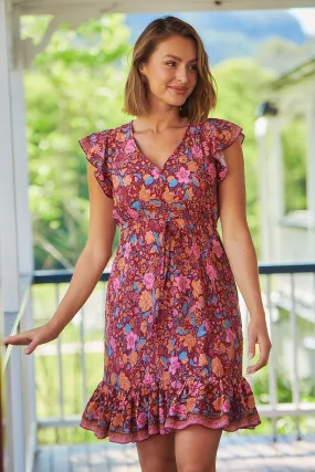 Angelina Maroon Floral Print Drawstring Dress