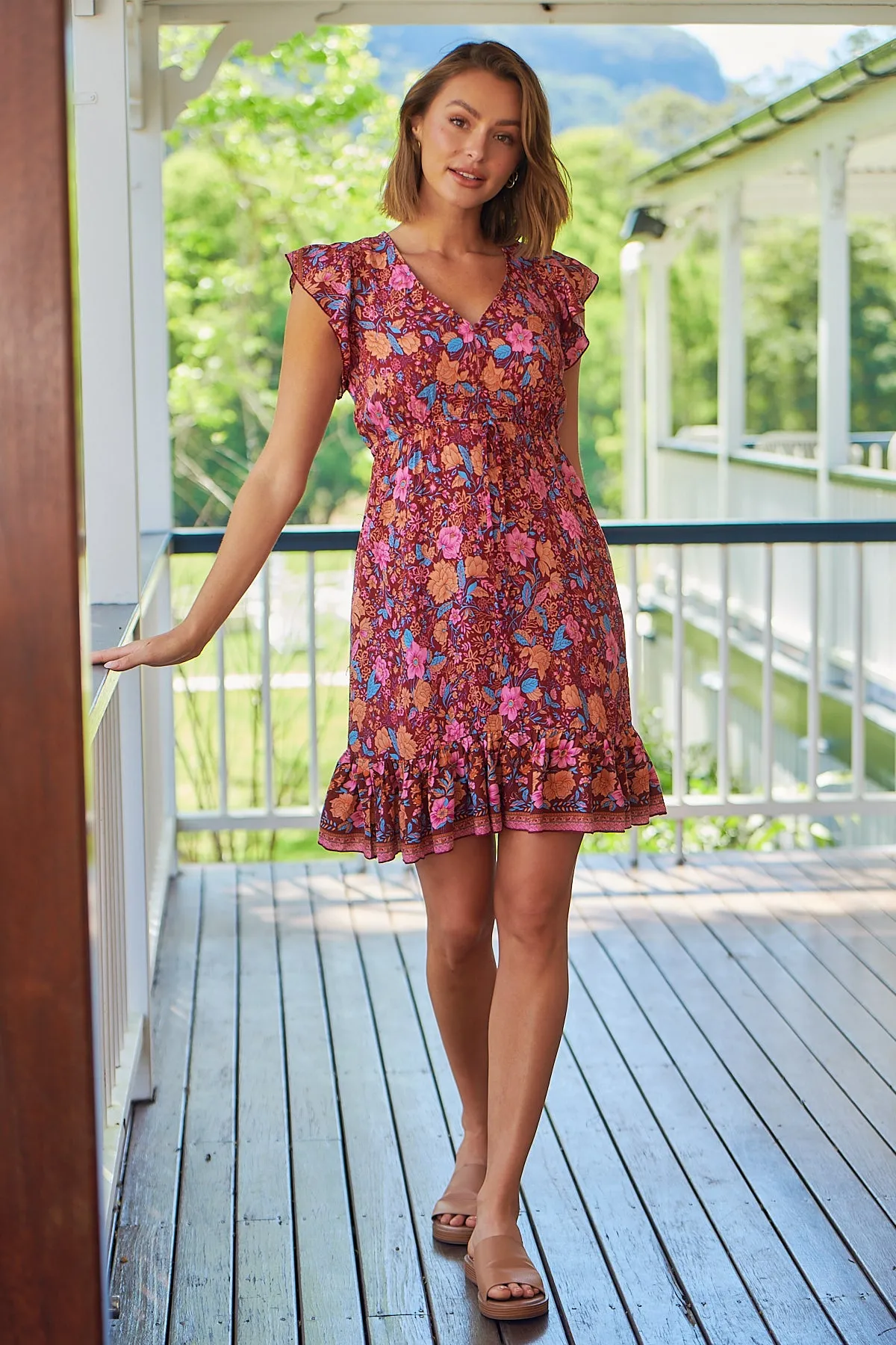 Angelina Maroon Floral Print Drawstring Dress