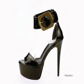 Ankle Strap Big Belted Black Patent Leather Platforms