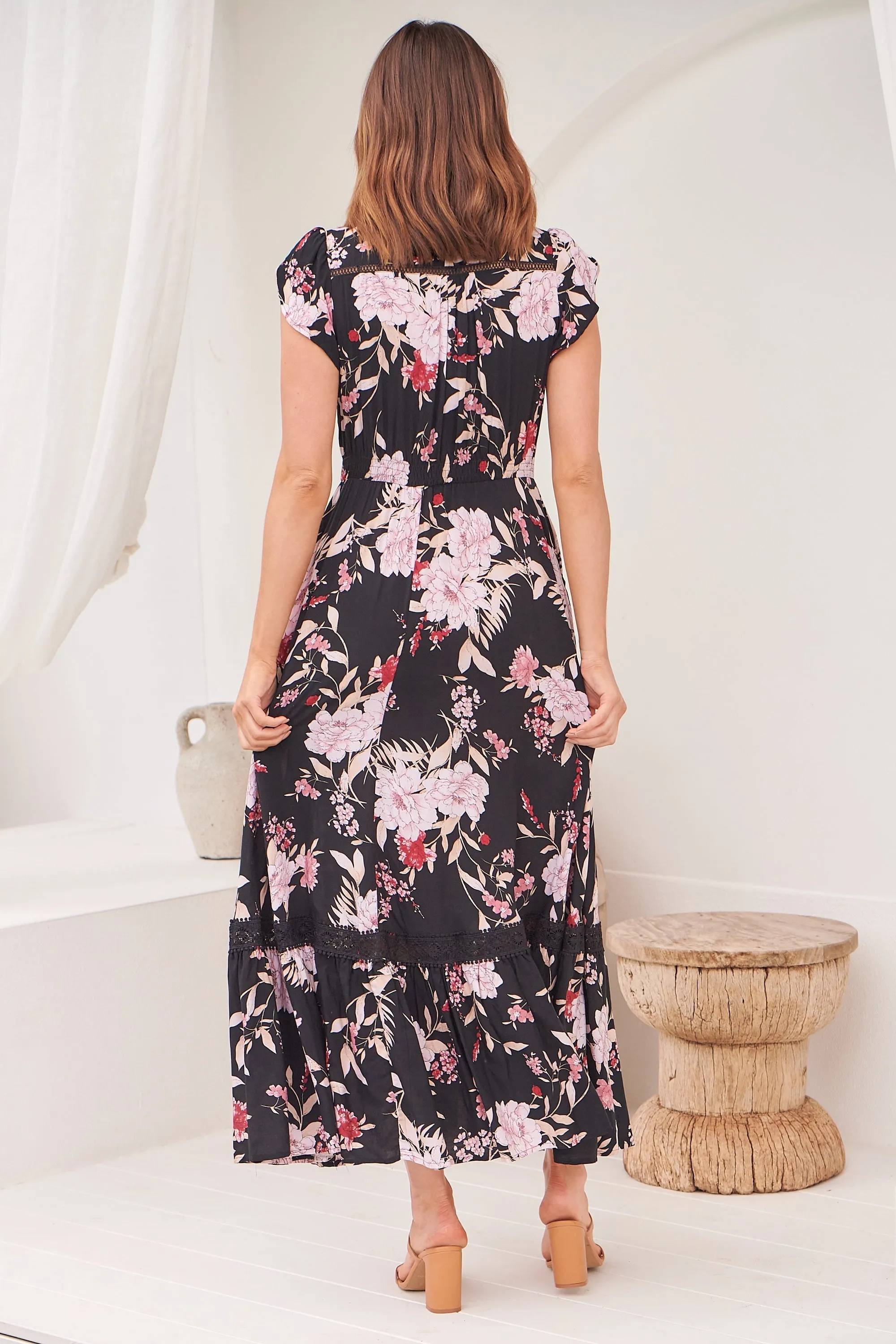 Augustina Black/Wine/Beige Floral Button Front Maxi Dress