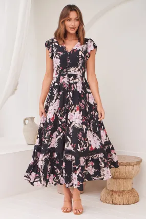 Augustina Black/Wine/Beige Floral Button Front Maxi Dress