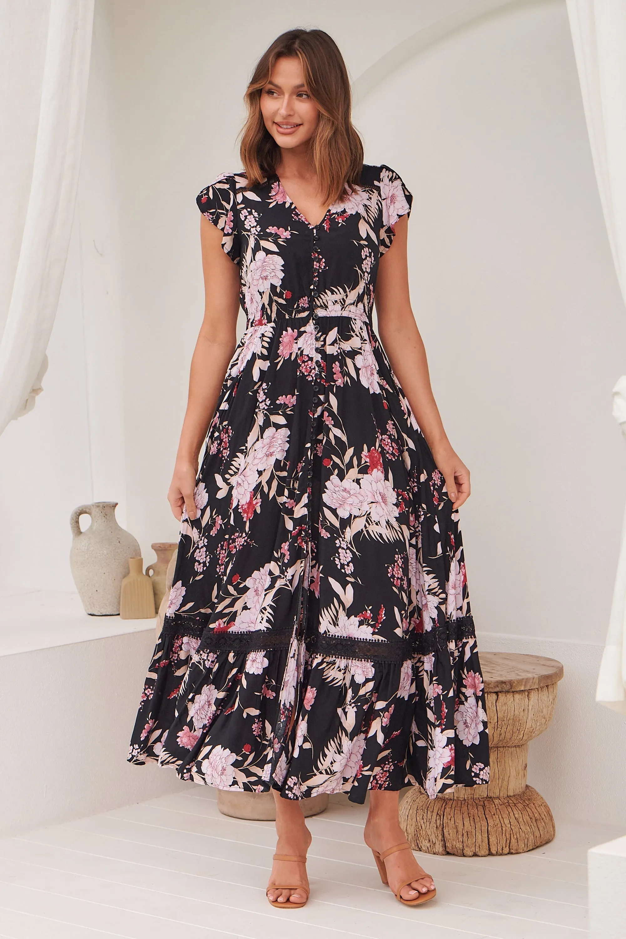 Augustina Black/Wine/Beige Floral Button Front Maxi Dress