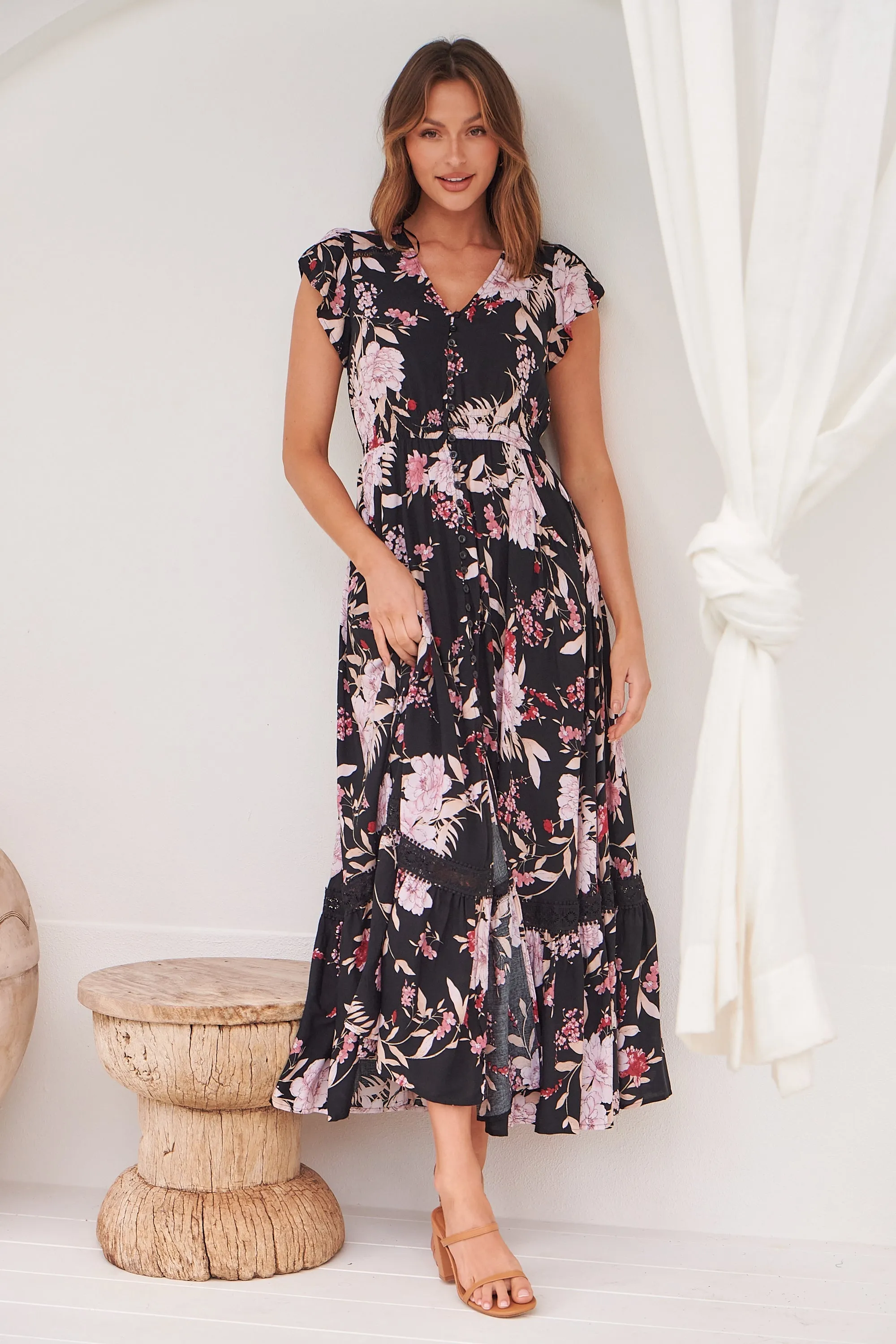 Augustina Black/Wine/Beige Floral Button Front Maxi Dress