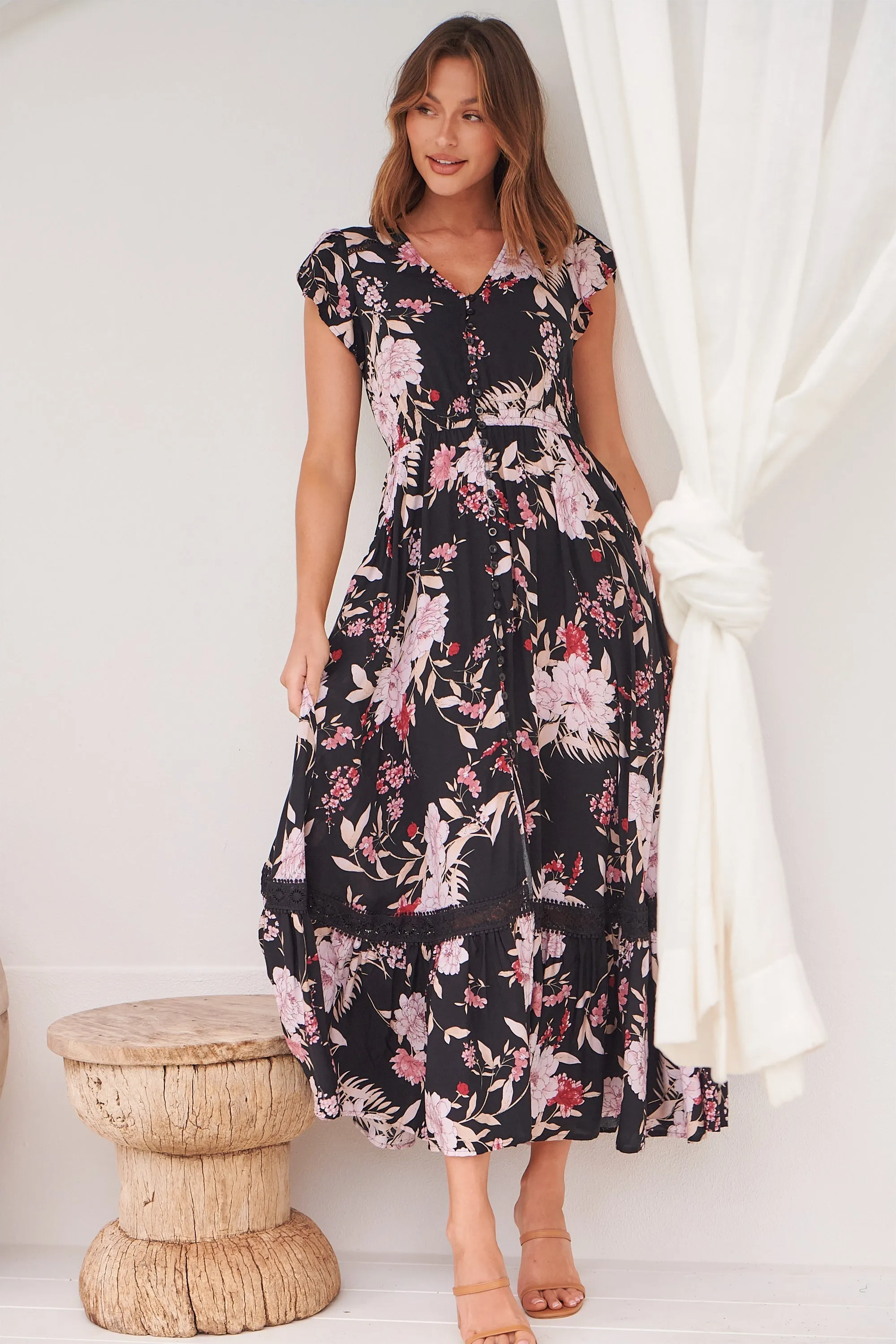 Augustina Black/Wine/Beige Floral Button Front Maxi Dress