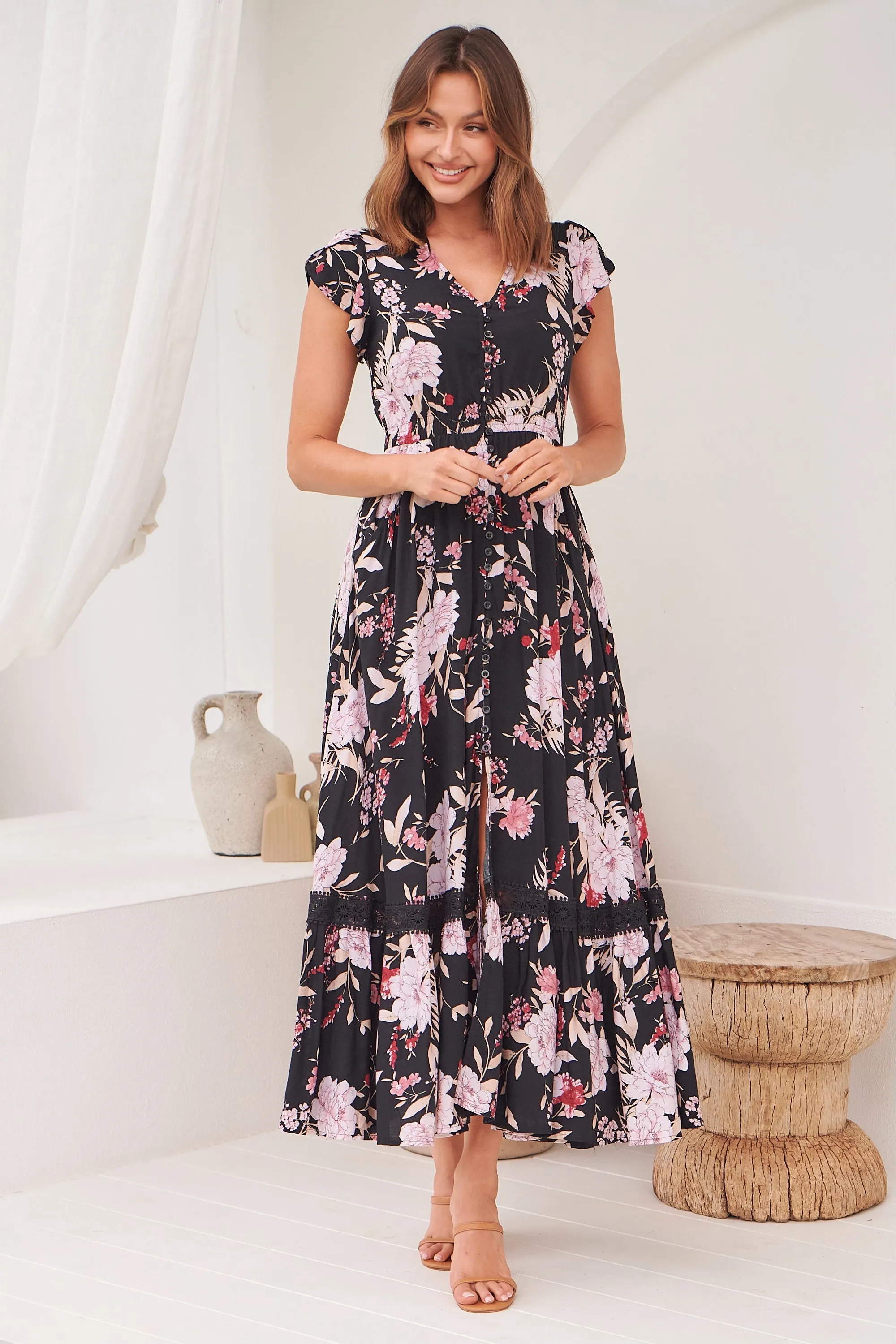 Augustina Black/Wine/Beige Floral Button Front Maxi Dress