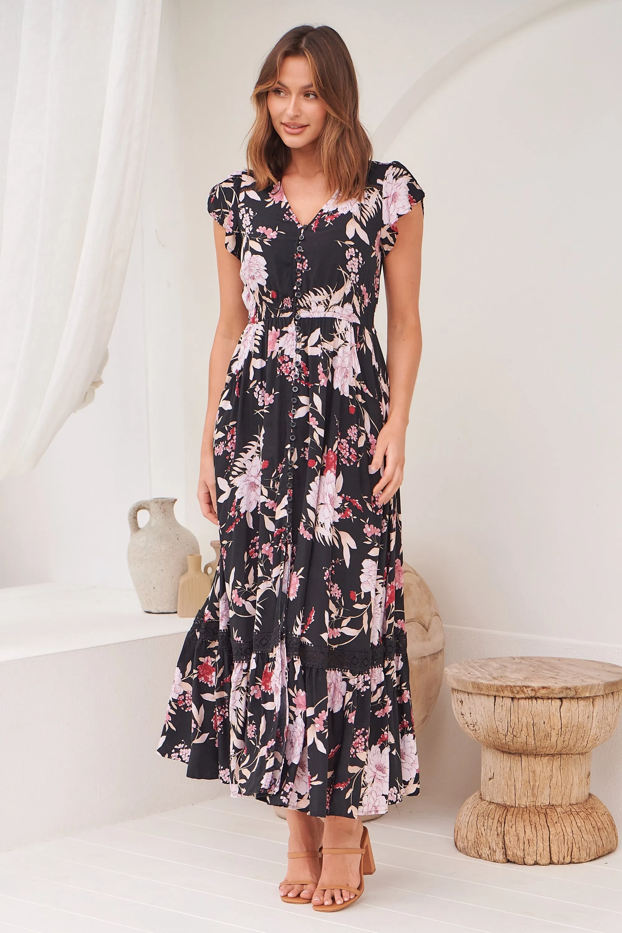 Augustina Black/Wine/Beige Floral Button Front Maxi Dress