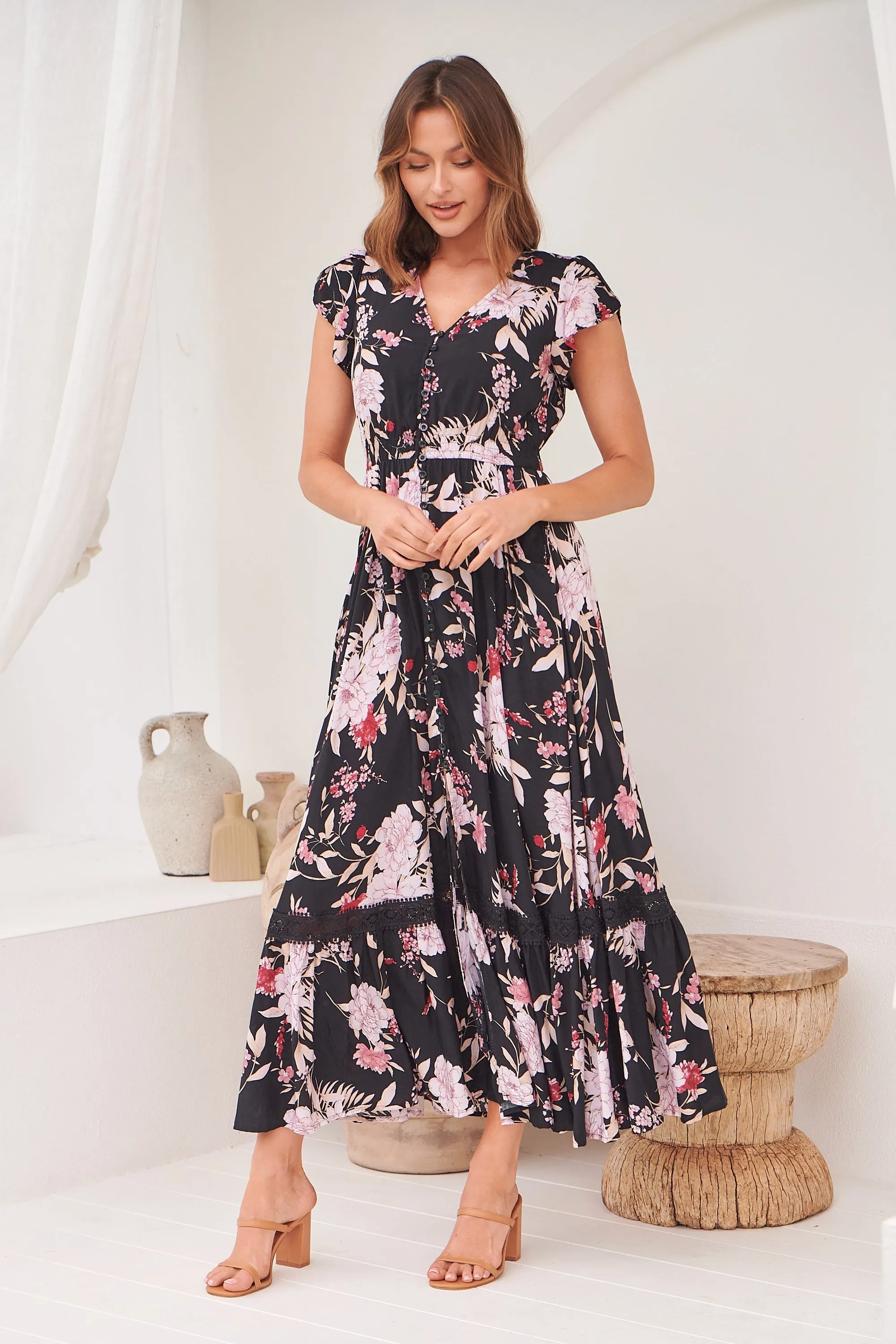 Augustina Black/Wine/Beige Floral Button Front Maxi Dress