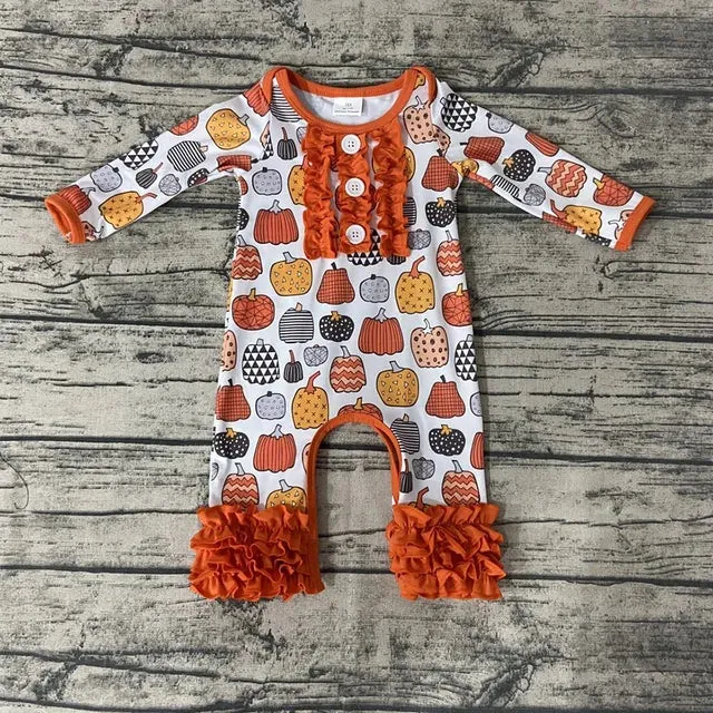 Baby Romper - Girls Autumn - Bright Orange Pumpkin Ruffle