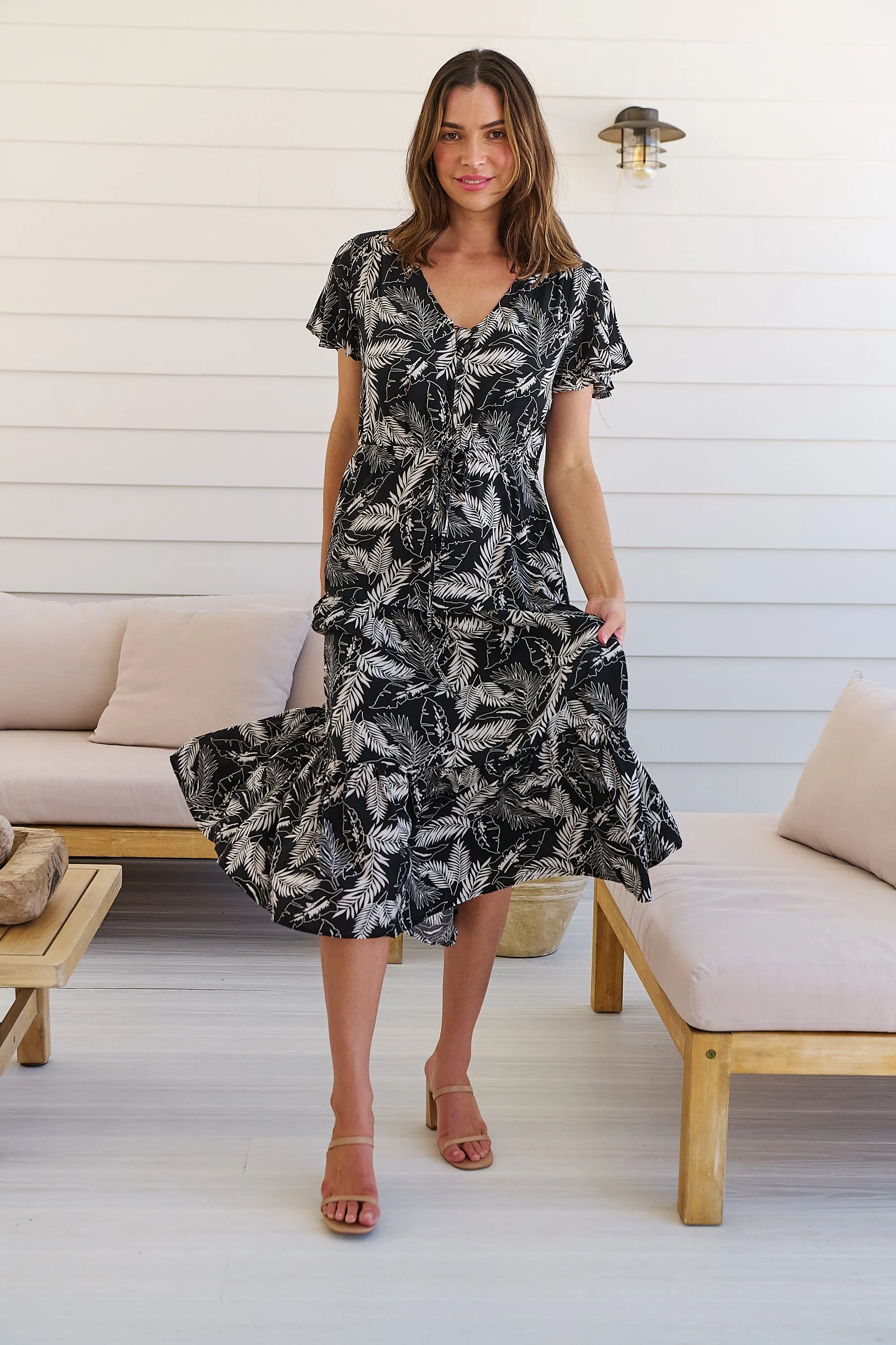 Bailey Black/White Leaf Print Cap Sleeve Midi Dress