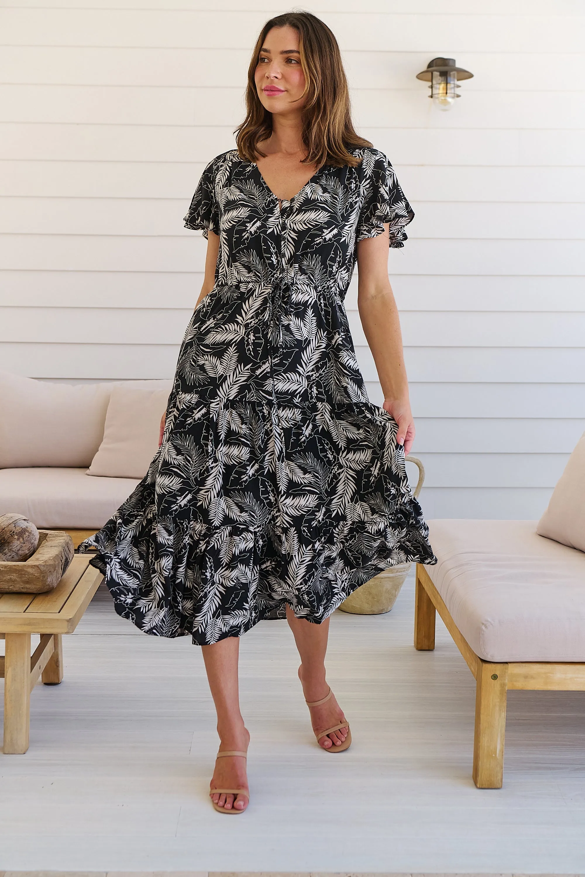 Bailey Black/White Leaf Print Cap Sleeve Midi Dress