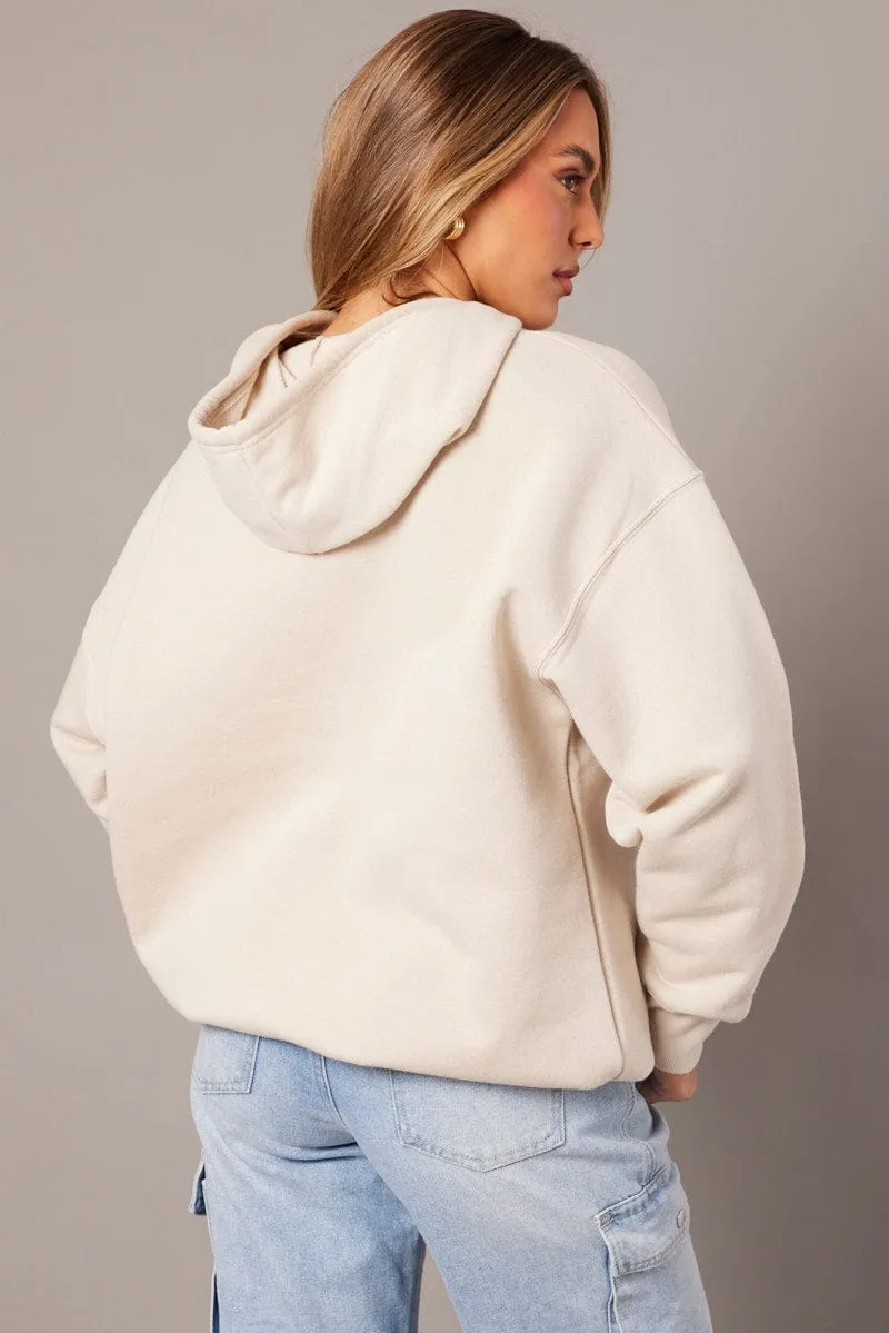 Beige Graphic Hoodie Sweater Long Sleeve