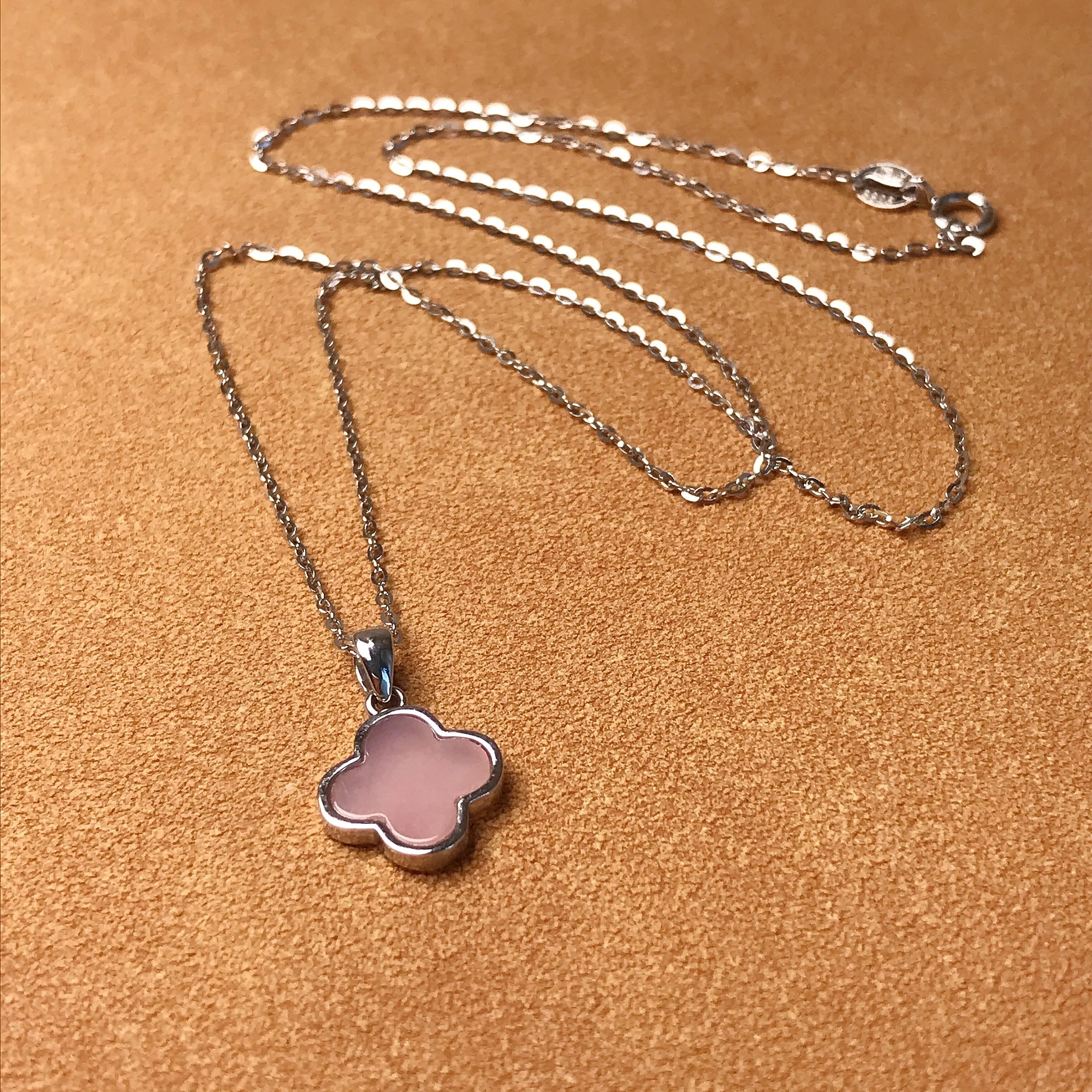 Best Color Solid Pink Opal Pendant Necklace| Hand-cut Four Leaf Clover Lucky Pendant with Sterling Silver