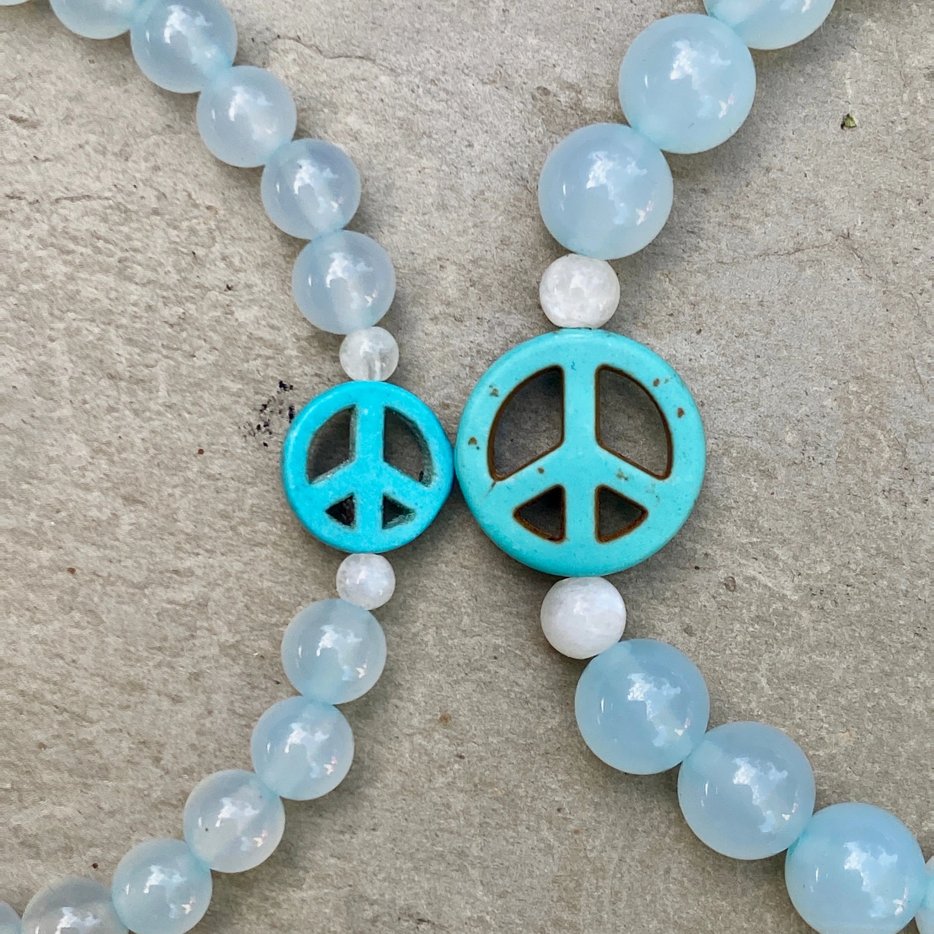 Blue Agate and Howlite Peace Sign Stretch Bracelet in Men or Women size