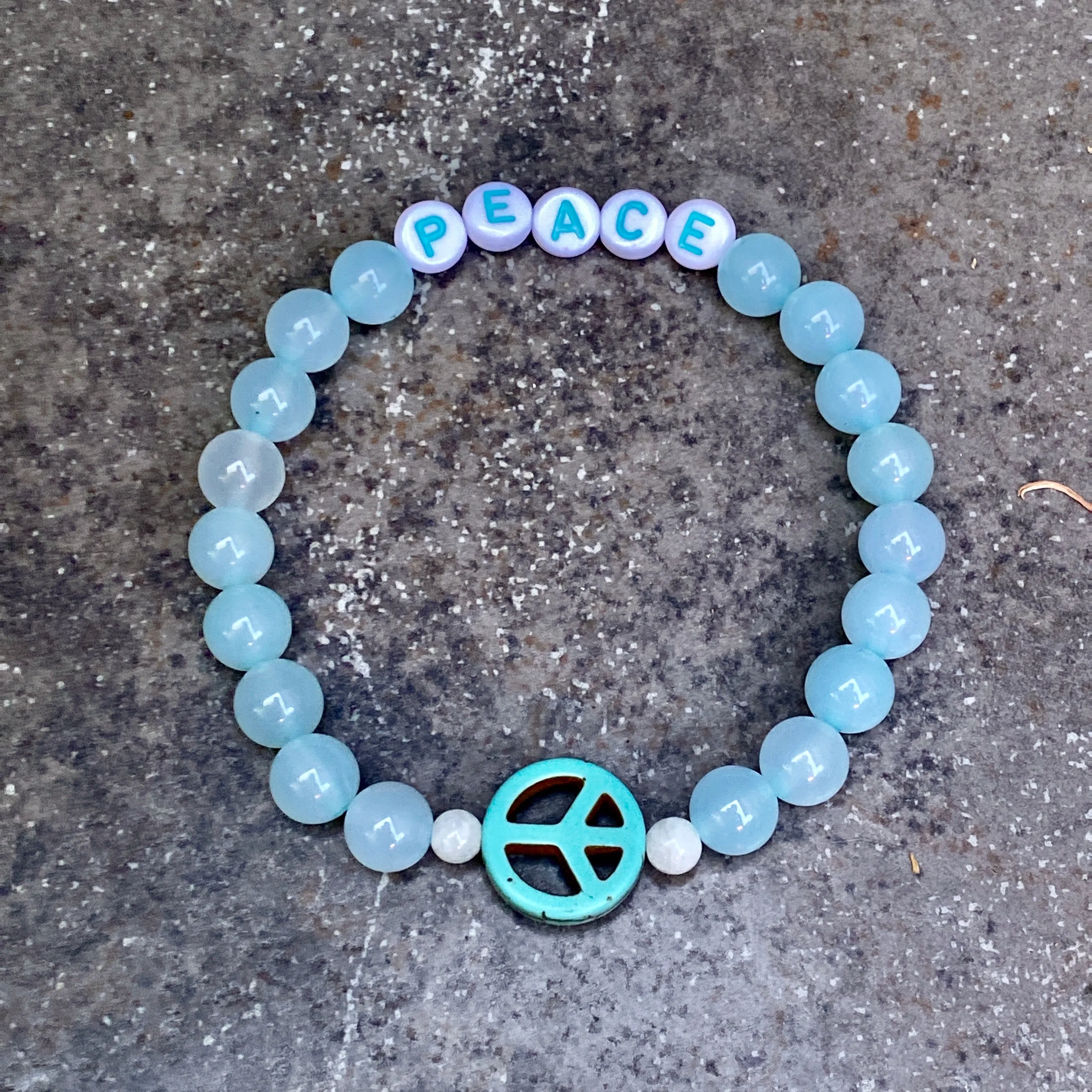 Blue Agate and Howlite Peace Sign Stretch Bracelet in Men or Women size