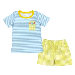 Blue and Yellow Crayon Applique Short Sleeve Shorts Set