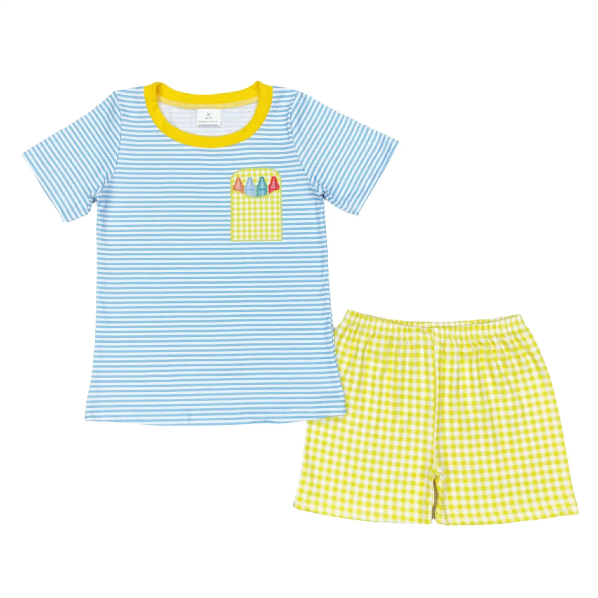 Blue and Yellow Crayon Applique Short Sleeve Shorts Set