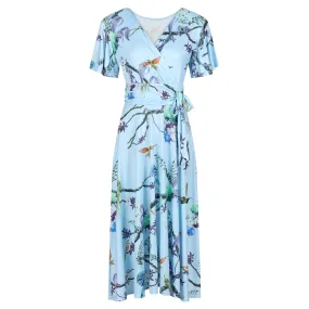 Blue Floral Bird Print Cap Sleeve V Neck Wrap Top Swing Dress